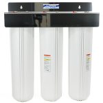 Pentair Big White 20 inch by 4 point 5 inch triple water filter housing with 1 in ch ports on a stainless bracket