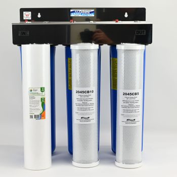 Triple Big Blue Whole House System For Town Water with one sediment filter and two carbon 20 inch by 4 point 5