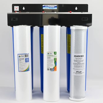 Triple Big Blue Whole House System For Town Water with one sediment filter and two carbon 20 inch by 4 point 5